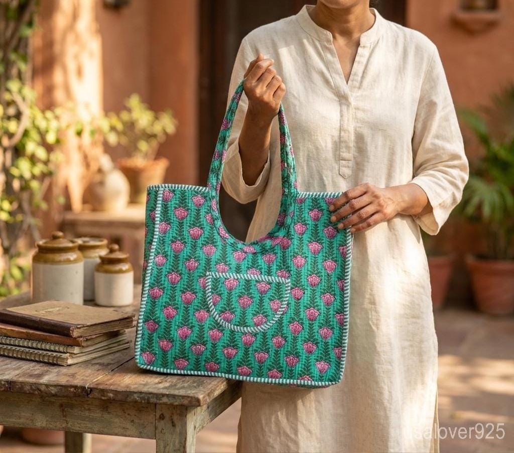 Floral Quilted Cotton Tote Bag, Indian Ethnic Travel Shopper, Handmade Artisan Handbag her