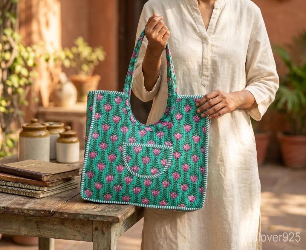 Floral Quilted Cotton Tote Bag, Indian Ethnic Travel Shopper, Handmade Artisan Handbag her
