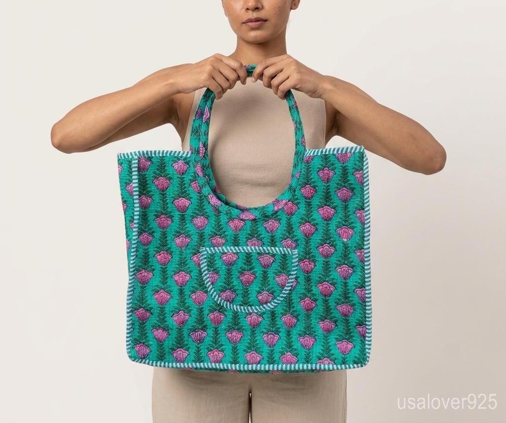Floral Quilted Cotton Tote Bag, Indian Ethnic Travel Shopper, Handmade Artisan Handbag her