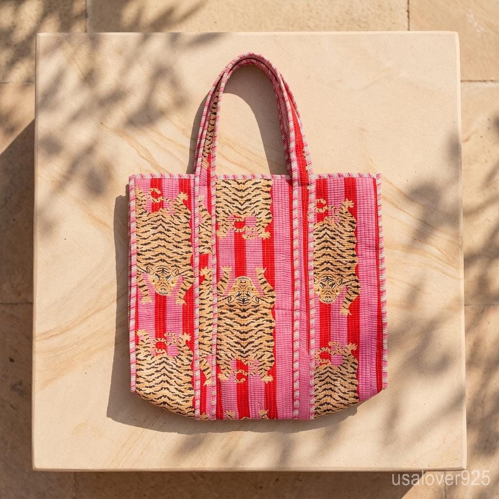 Pink Tiger Print Reversible Quilted Tote, Large Cotton Boho Shopper, Ethnic Indian Travel Bag