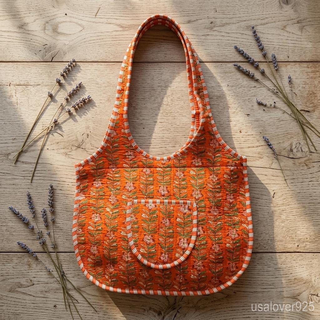Orange Floral Quilted Boho Tote, Zippered Cotton Shoulder Bag, Handcrafted Ethnic Shopper her
