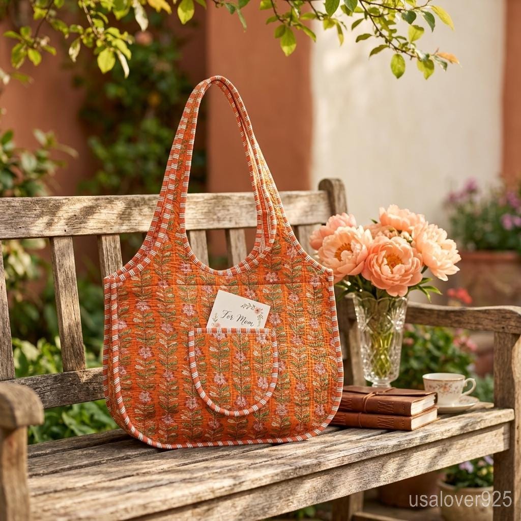 Orange Floral Quilted Boho Tote, Zippered Cotton Shoulder Bag, Handcrafted Ethnic Shopper her