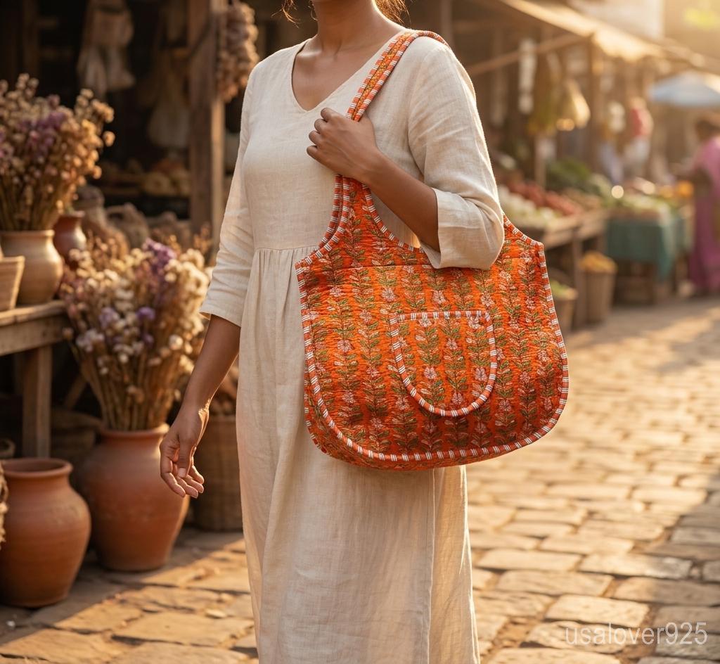 Orange Floral Quilted Boho Tote, Zippered Cotton Shoulder Bag, Handcrafted Ethnic Shopper her