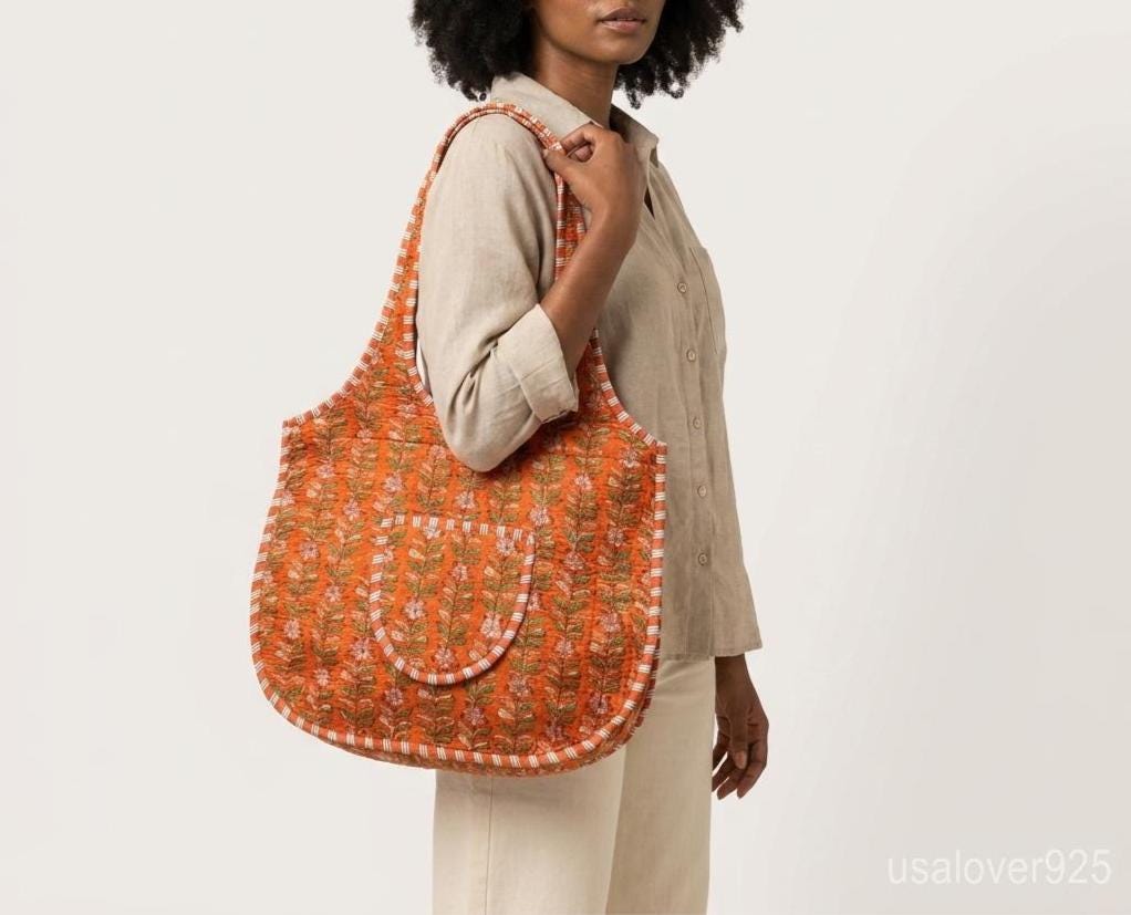 Orange Floral Quilted Boho Tote, Zippered Cotton Shoulder Bag, Handcrafted Ethnic Shopper her