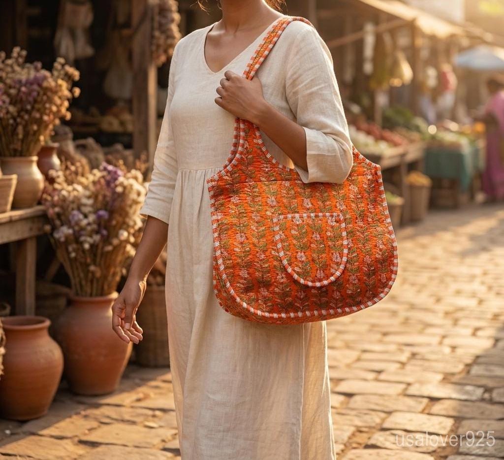 Orange Floral Quilted Boho Tote, Zippered Cotton Shoulder Bag, Handcrafted Ethnic Shopper her