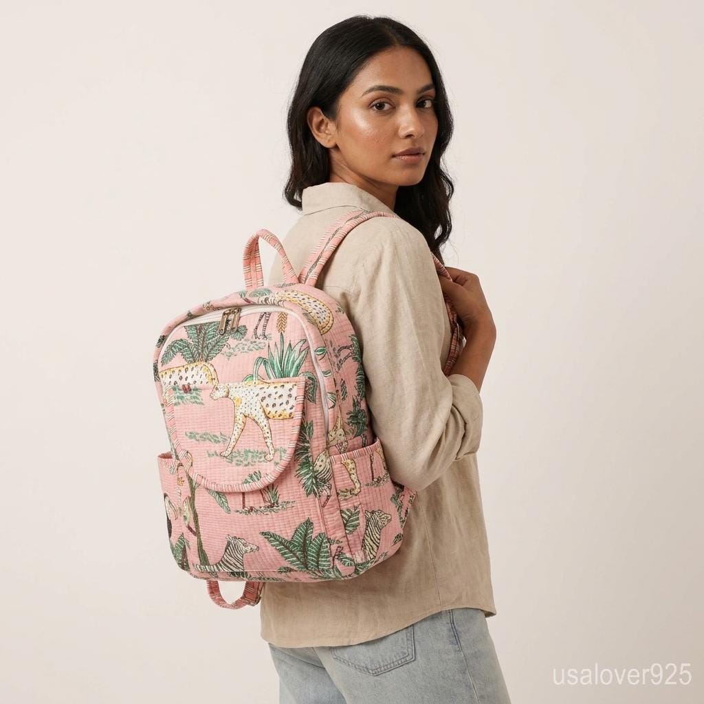 Peach Jungle Print Quilted Backpack, Cotton Boho Travel Daypack, Handmade Floral School Bag