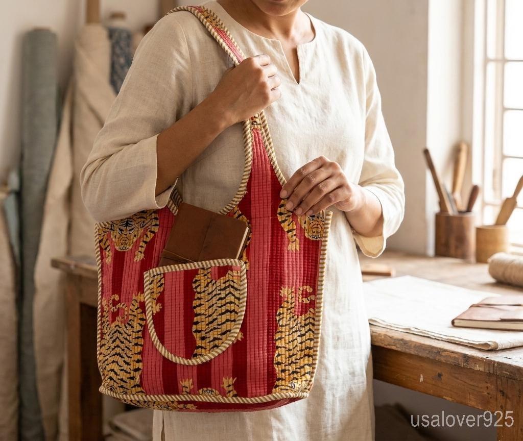 Pink Red Tiger Print Quilted Tote, Zippered Cotton Boho Shopper, Ethnic Indian Travel Bag