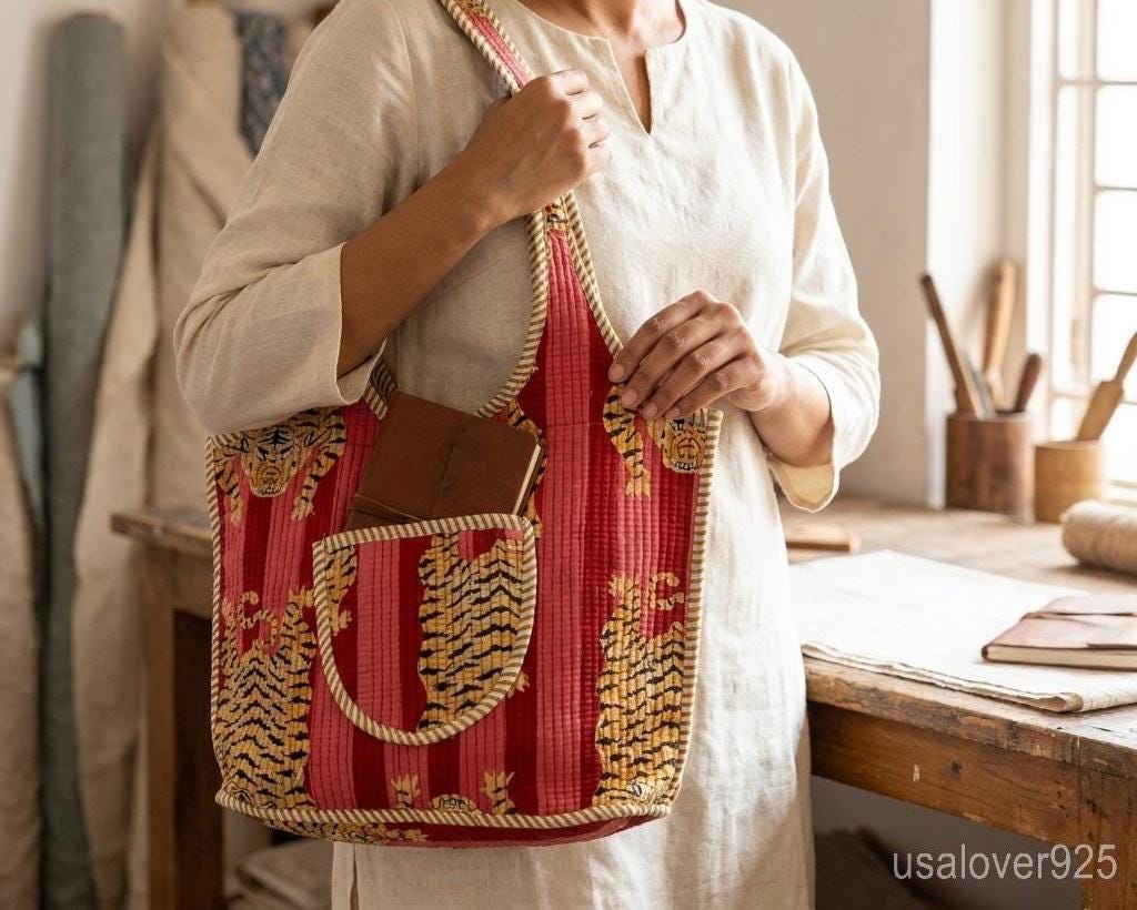 Pink Red Tiger Print Quilted Tote, Zippered Cotton Boho Shopper, Ethnic Indian Travel Bag