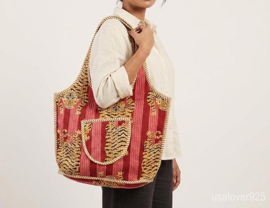 Pink Red Tiger Print Quilted Tote, Zippered Cotton Boho Shopper, Ethnic Indian Travel Bag