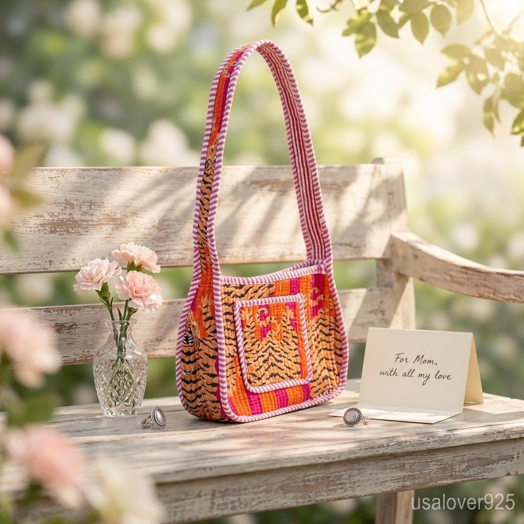 Orange Tiger Print Quilted Shoulder Bag, Cotton Boho Sling Purse, Handmade Artisan Gift