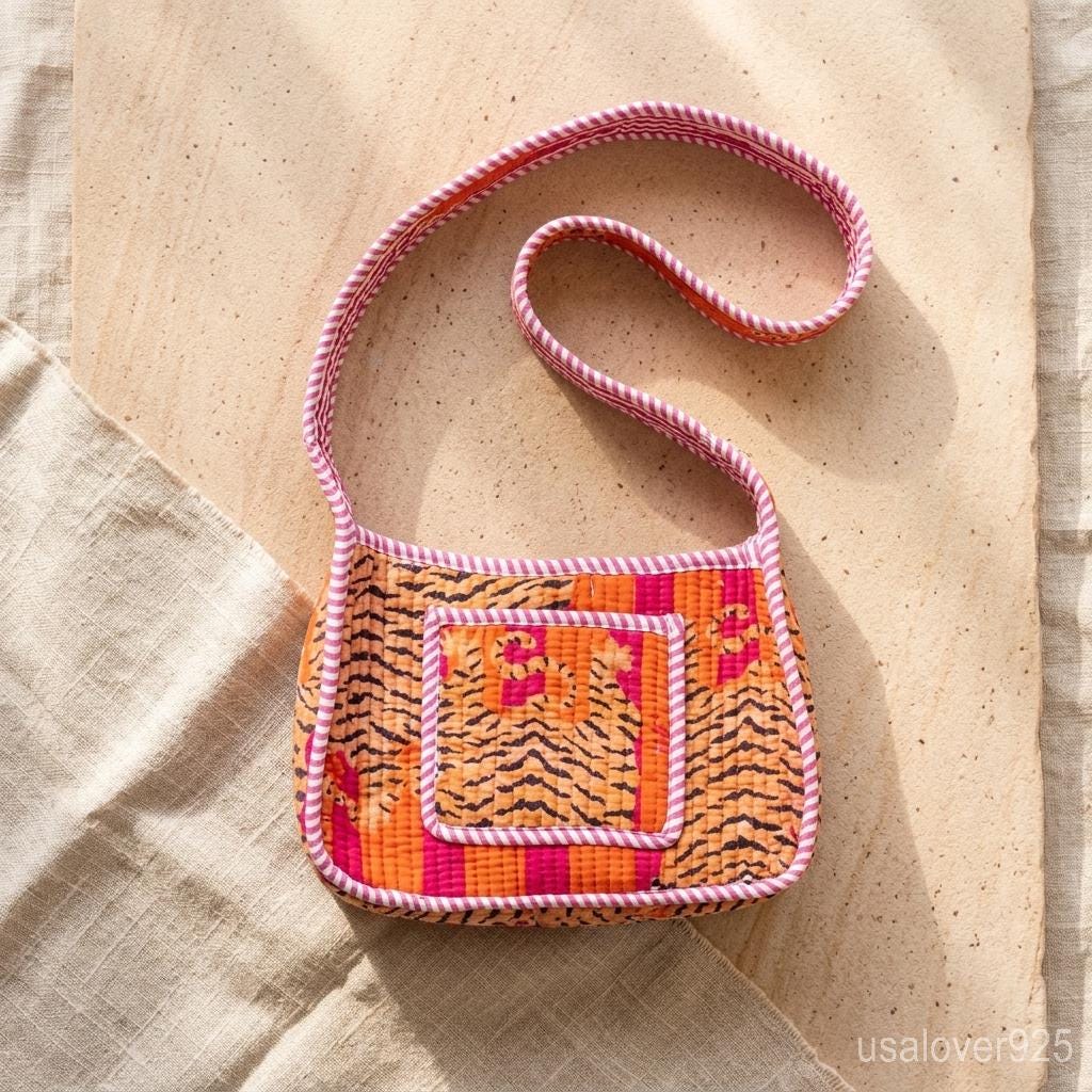 Orange Tiger Print Quilted Shoulder Bag, Cotton Boho Sling Purse, Handmade Artisan Gift