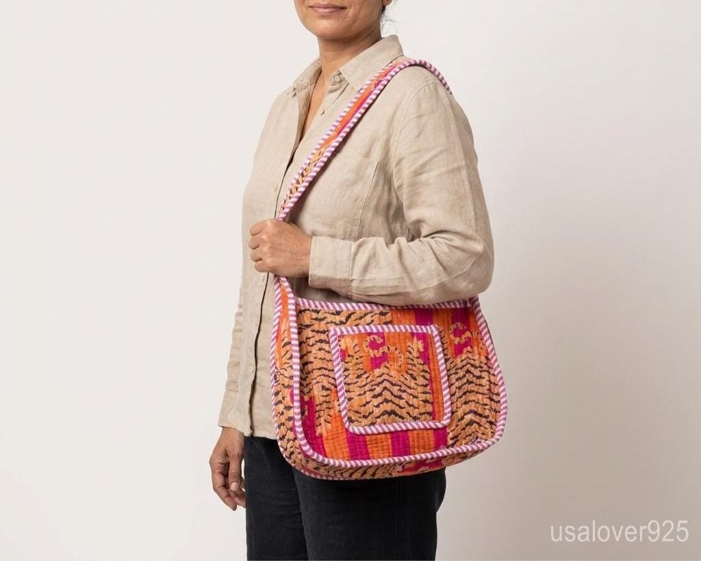 Orange Tiger Print Quilted Shoulder Bag, Cotton Boho Sling Purse, Handmade Artisan Gift