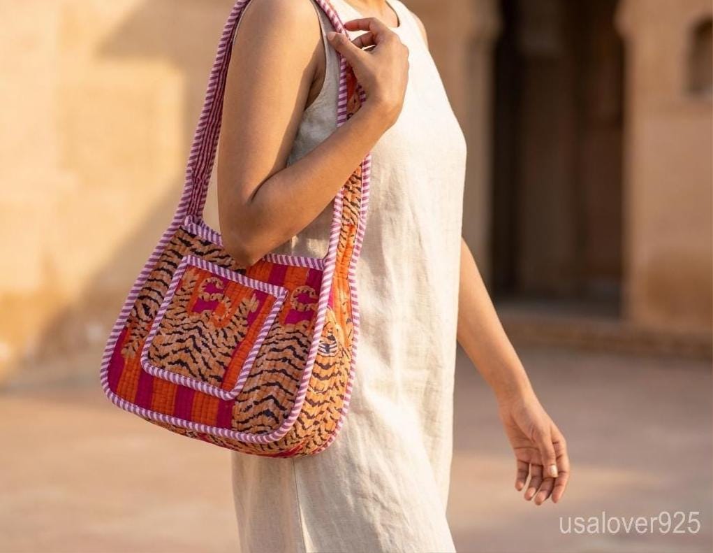 Orange Tiger Print Quilted Shoulder Bag, Cotton Boho Sling Purse, Handmade Artisan Gift