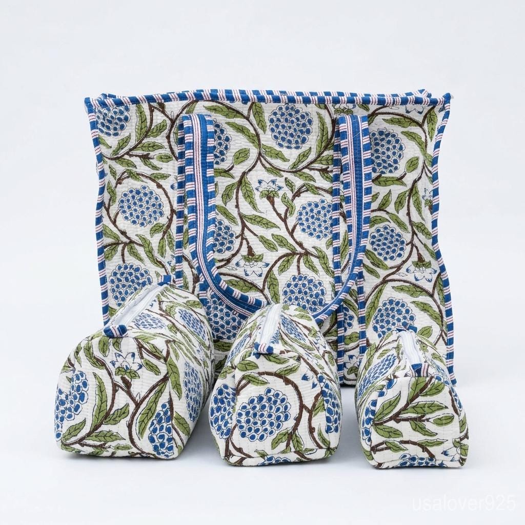 4 Piece Blue Floral Quilted Tote Set, Matching Travel Pouches, Handmade Cotton Organizer Bundle