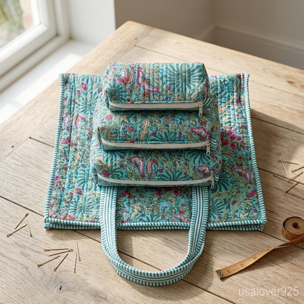 4 Piece Firozi Floral Quilted Tote Set, Turquoise Travel Pouches, Handmade Cotton Organizer Bundle