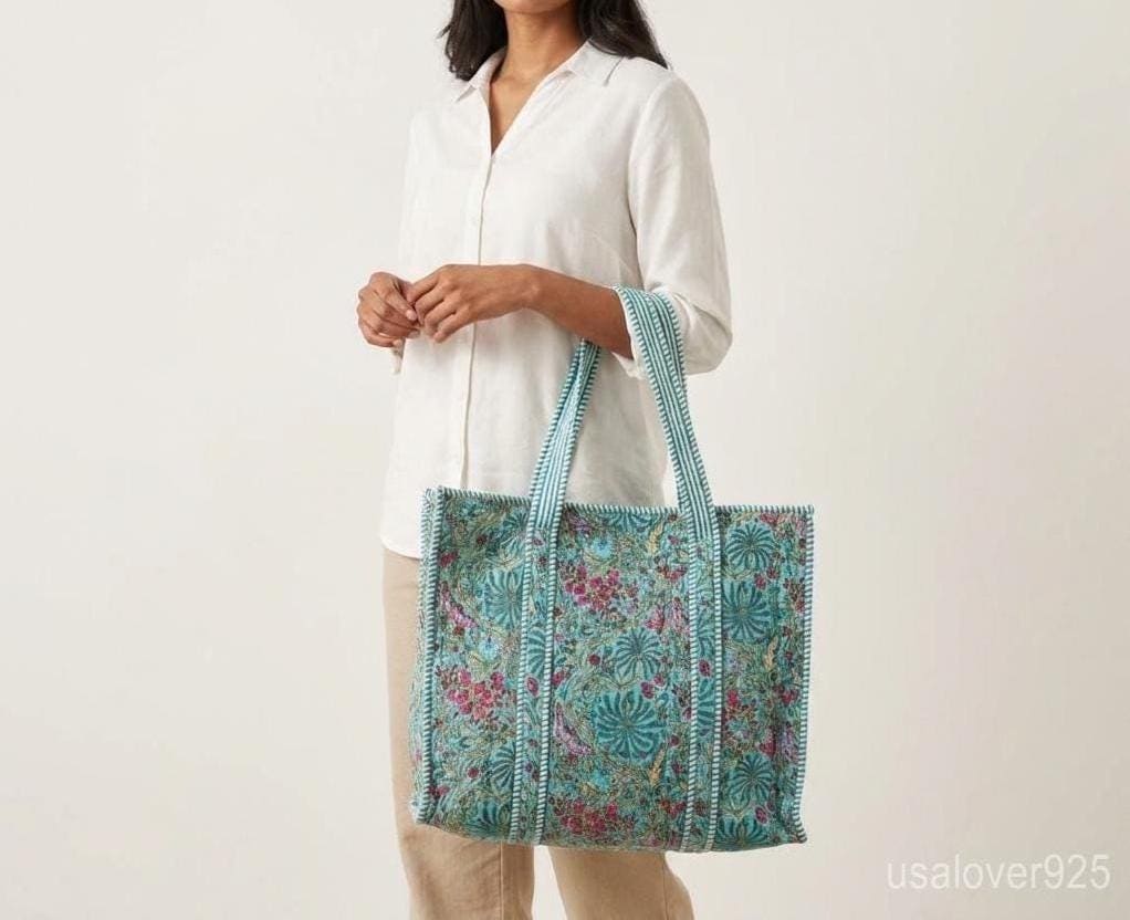 4 Piece Firozi Floral Quilted Tote Set, Turquoise Travel Pouches, Handmade Cotton Organizer Bundle