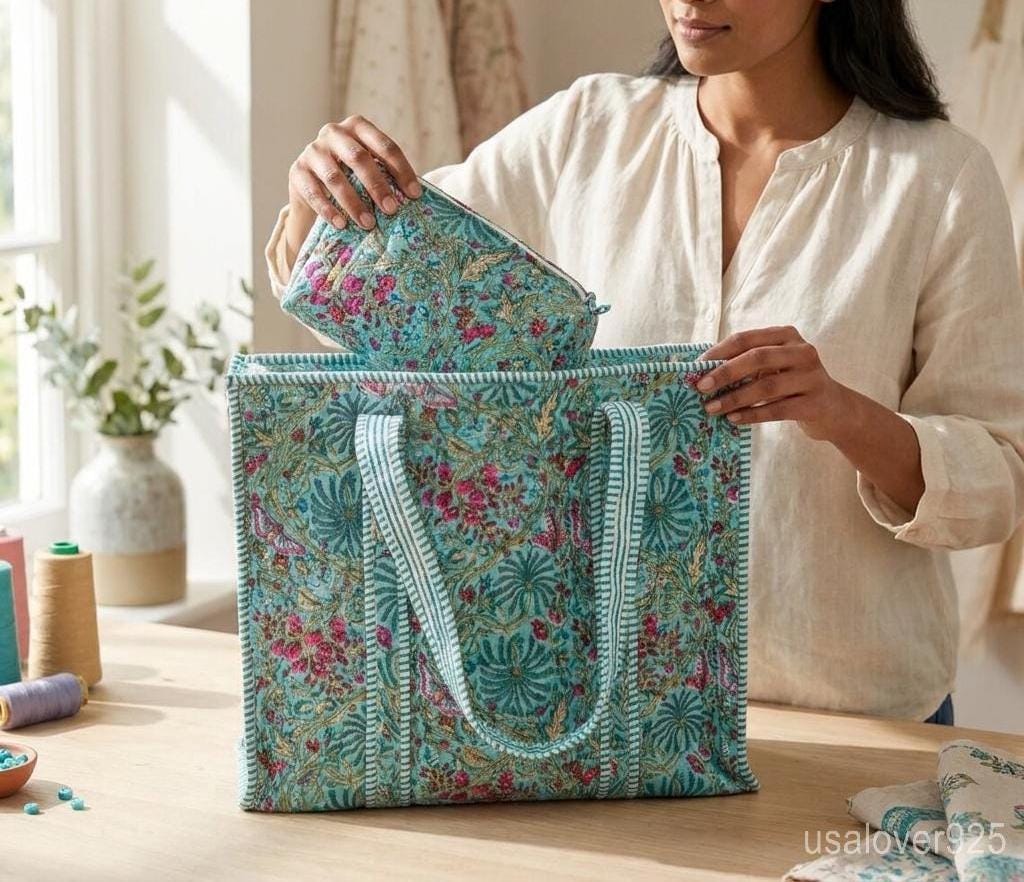 4 Piece Firozi Floral Quilted Tote Set, Turquoise Travel Pouches, Handmade Cotton Organizer Bundle