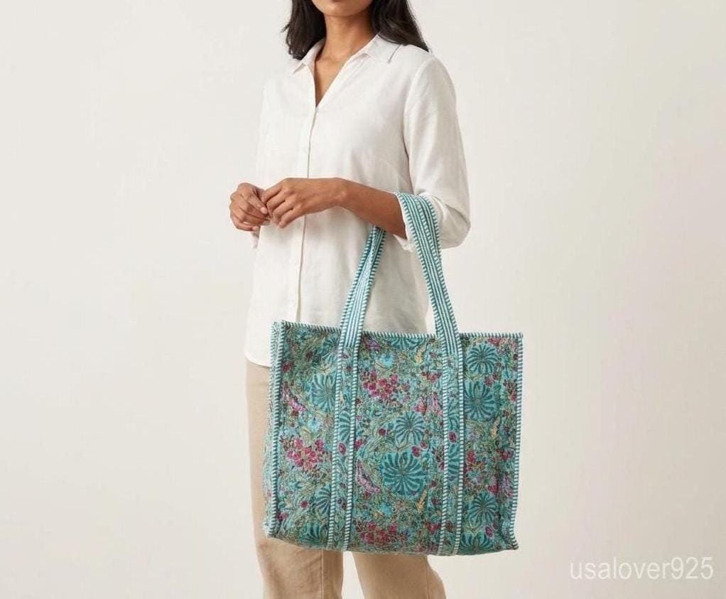 4 Piece Firozi Floral Quilted Tote Set, Turquoise Travel Pouches, Handmade Cotton Organizer Bundle