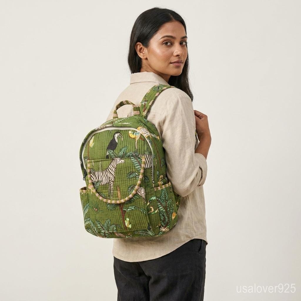 Green Jungle Print Quilted Backpack, Cotton Boho Travel Daypack, Handmade Botanical School Bag