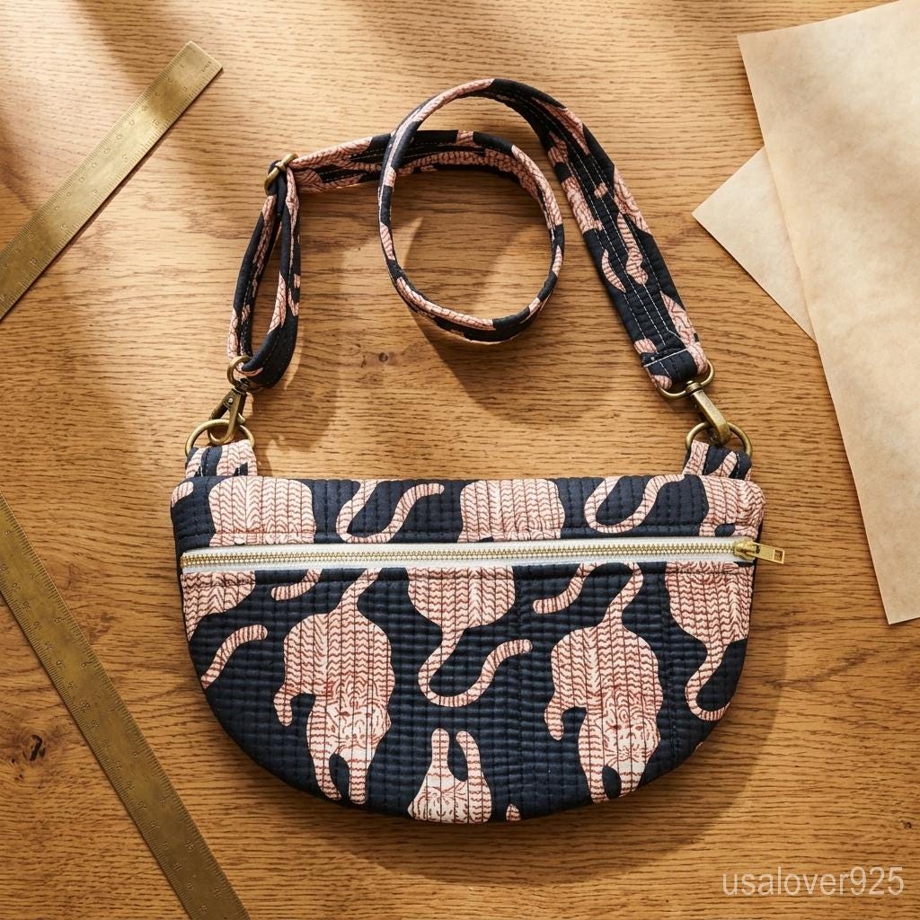 Black Tiger Print Quilted Mini Purse, Cotton Crossbody Bag, Handcrafted Boho Travel Handbag