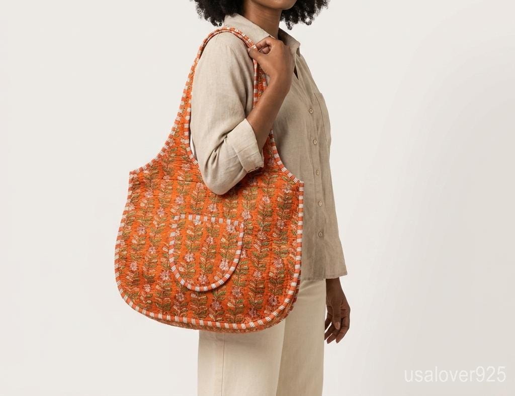 Orange Floral Quilted Boho Tote, Handmade Cotton Zipper Shopper, Ethnic Flower Shoulder Bag