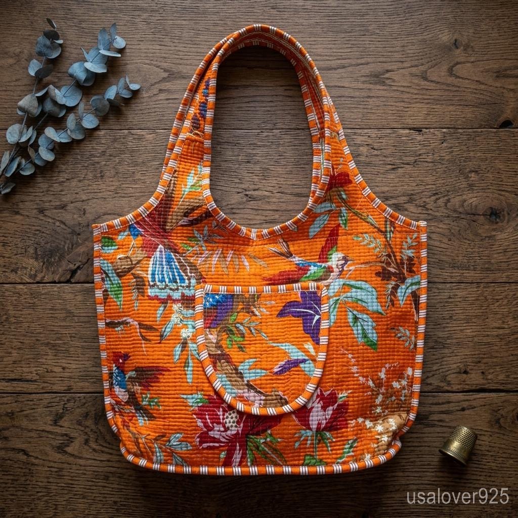 Orange Bird Print Quilted Cotton Tote Bag, Handmade Indian Boho Shopper, Ethnic Zippered Handbag