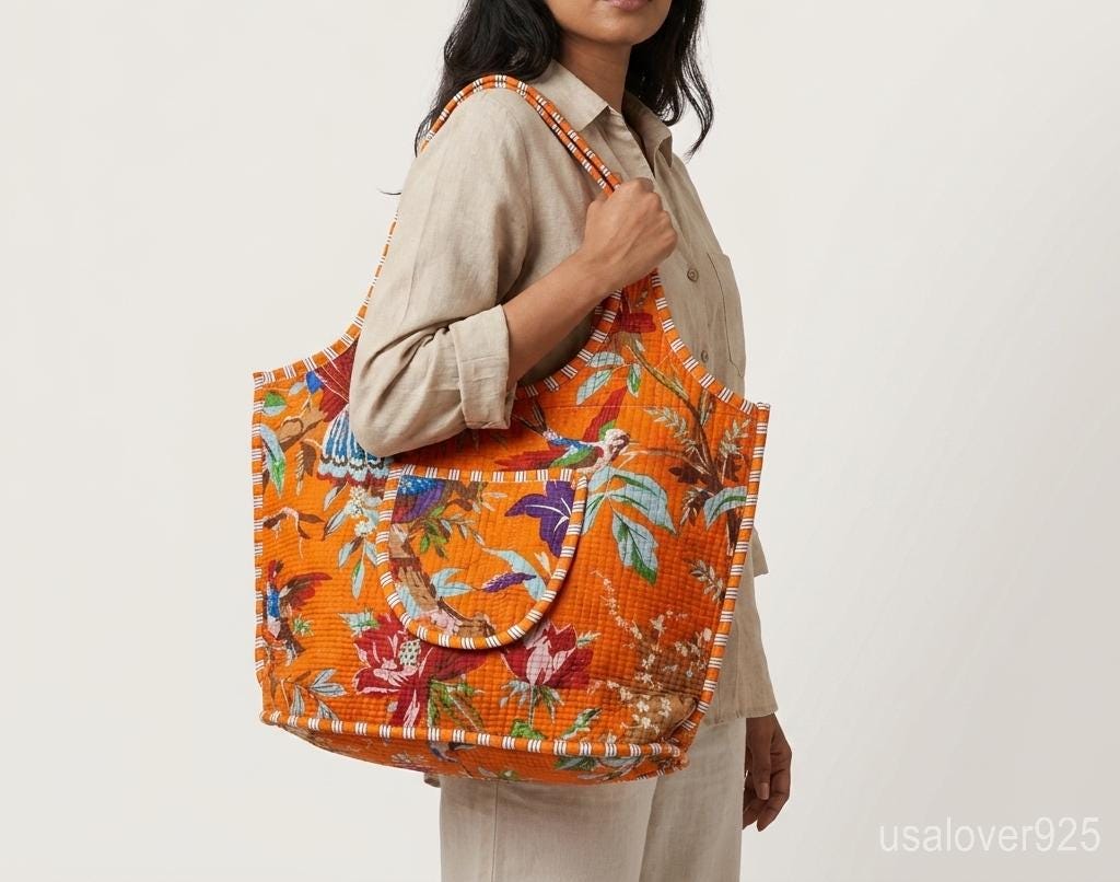 Orange Bird Print Quilted Cotton Tote Bag, Handmade Indian Boho Shopper, Ethnic Zippered Handbag
