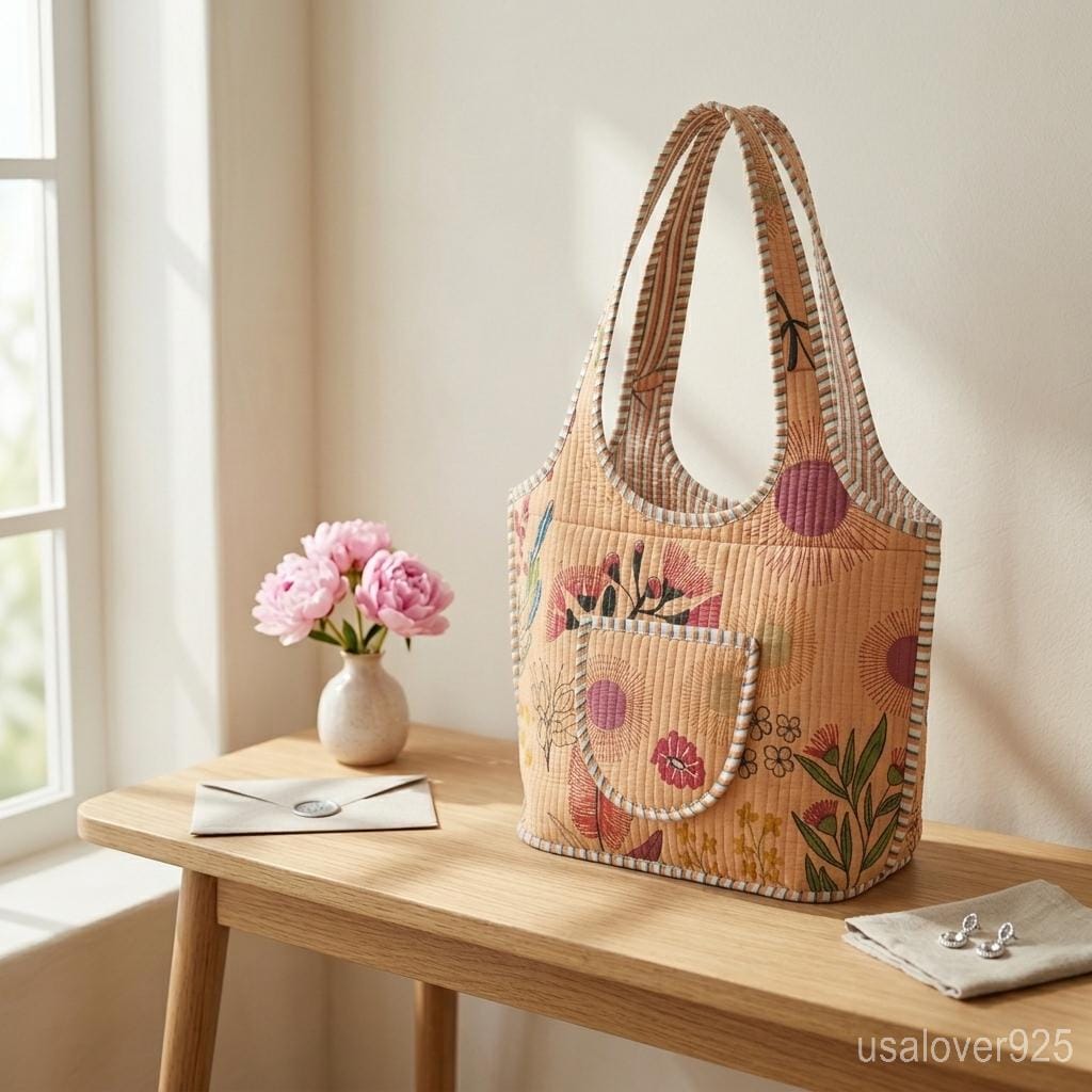 Peach Floral Quilted Cotton Tote Bag, Handmade Indian Boho Shopper, Ethnic Flower Shoulder Bag