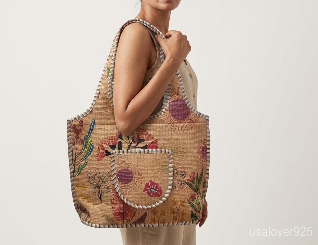 Peach Floral Quilted Cotton Tote Bag, Handmade Indian Boho Shopper, Ethnic Flower Shoulder Bag