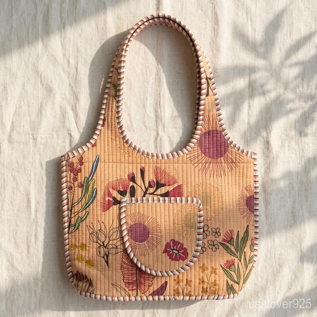 Peach Floral Quilted Cotton Tote Bag, Handmade Indian Boho Shopper, Ethnic Flower Shoulder Bag