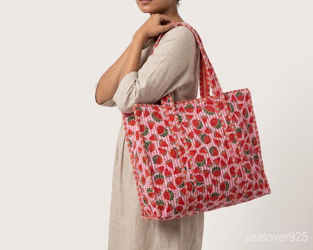Embroidered Watermelon Quilted Cotton Tote Bag, Reversible XL Boho Shoulder Shopper
