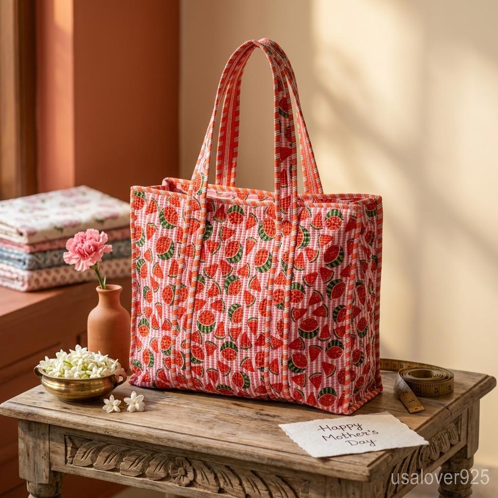 Embroidered Watermelon Quilted Cotton Tote Bag, Reversible XL Boho Shoulder Shopper
