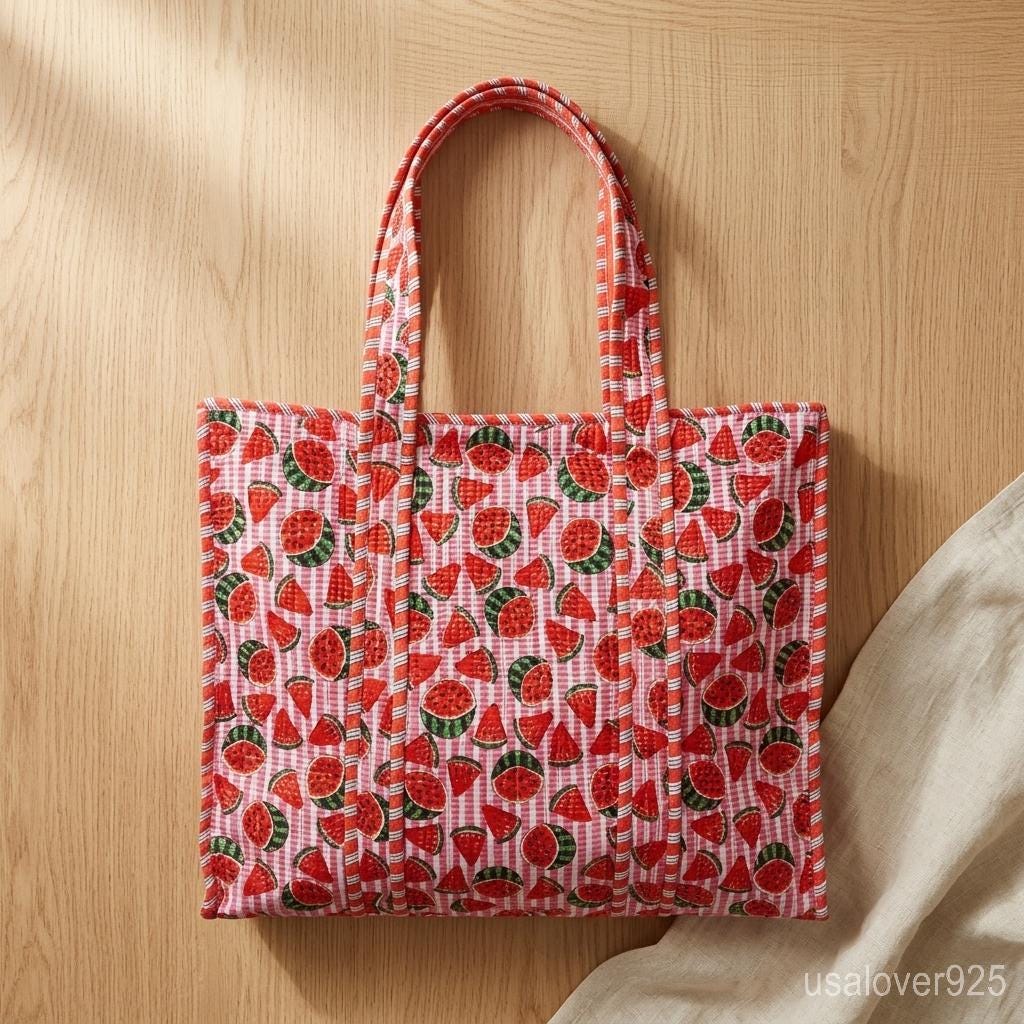 Embroidered Watermelon Quilted Cotton Tote Bag, Reversible XL Boho Shoulder Shopper
