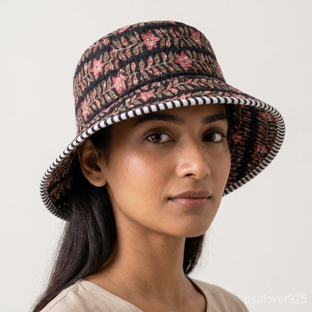 Black Floral Quilted Cotton Bucket Hat, Reversible Handmade Boho Summer Beach Cap