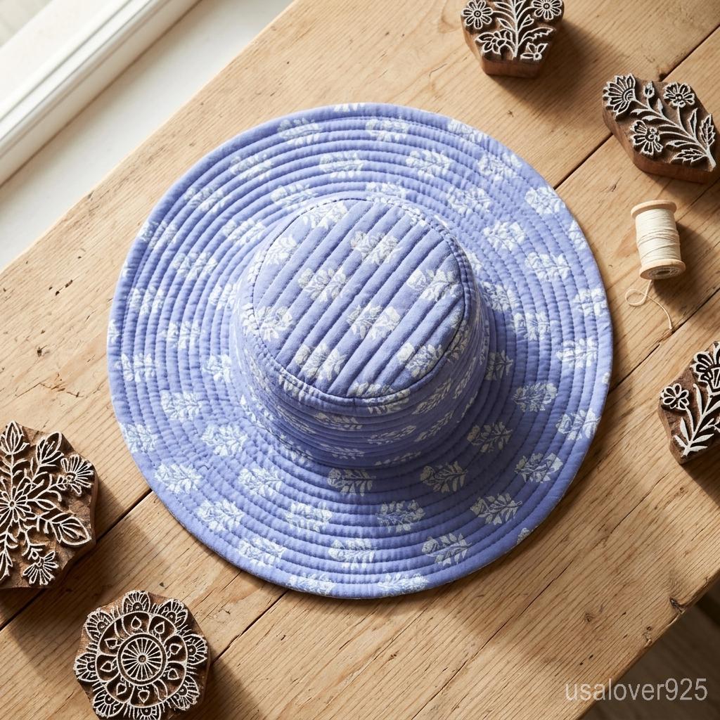 Sky Blue Quilted Cotton Bucket Hat, Reversible Handmade Boho Summer Beach Cap