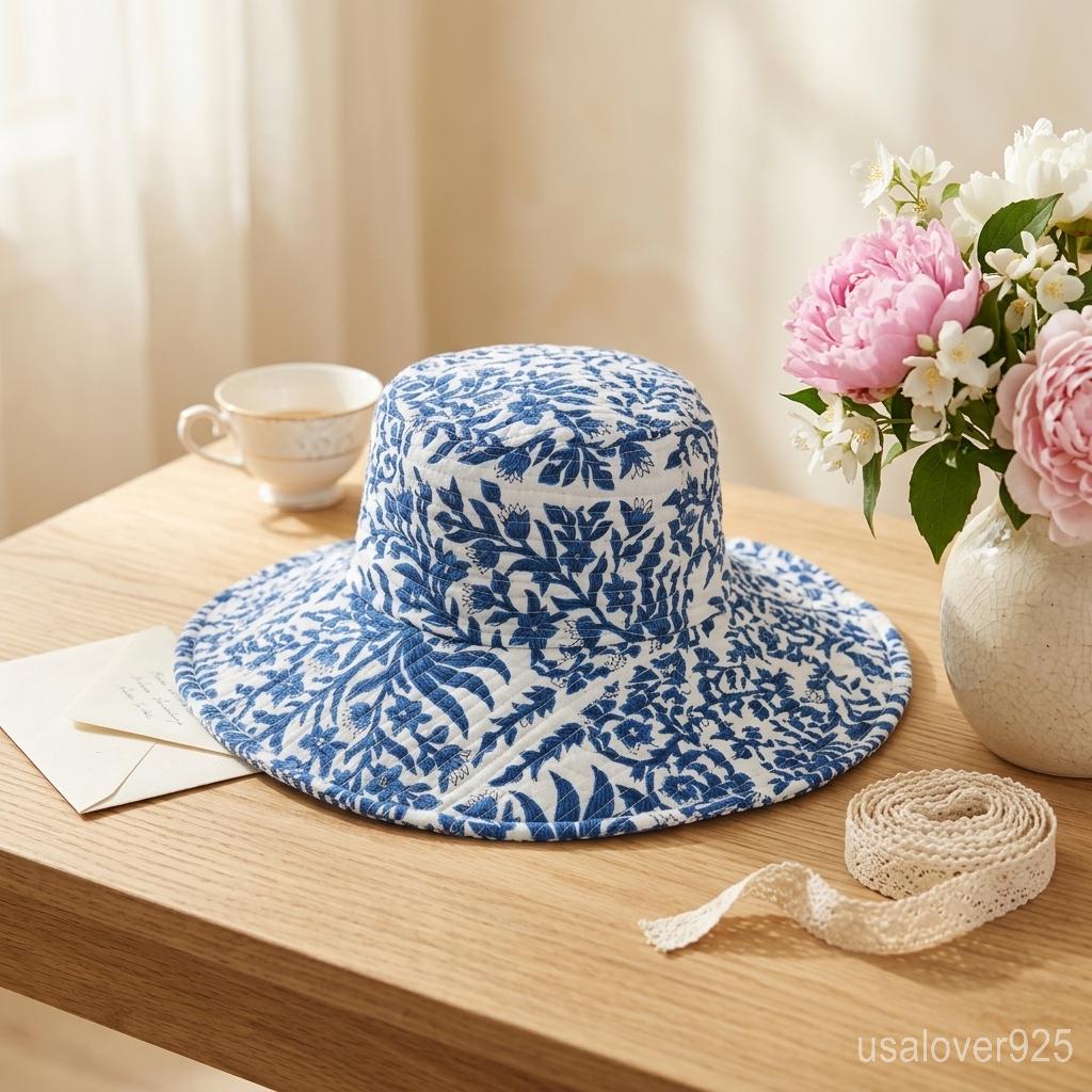 Blue Block Print Quilted Cotton Bucket Hat, Reversible Handmade Boho Summer Sun Cap
