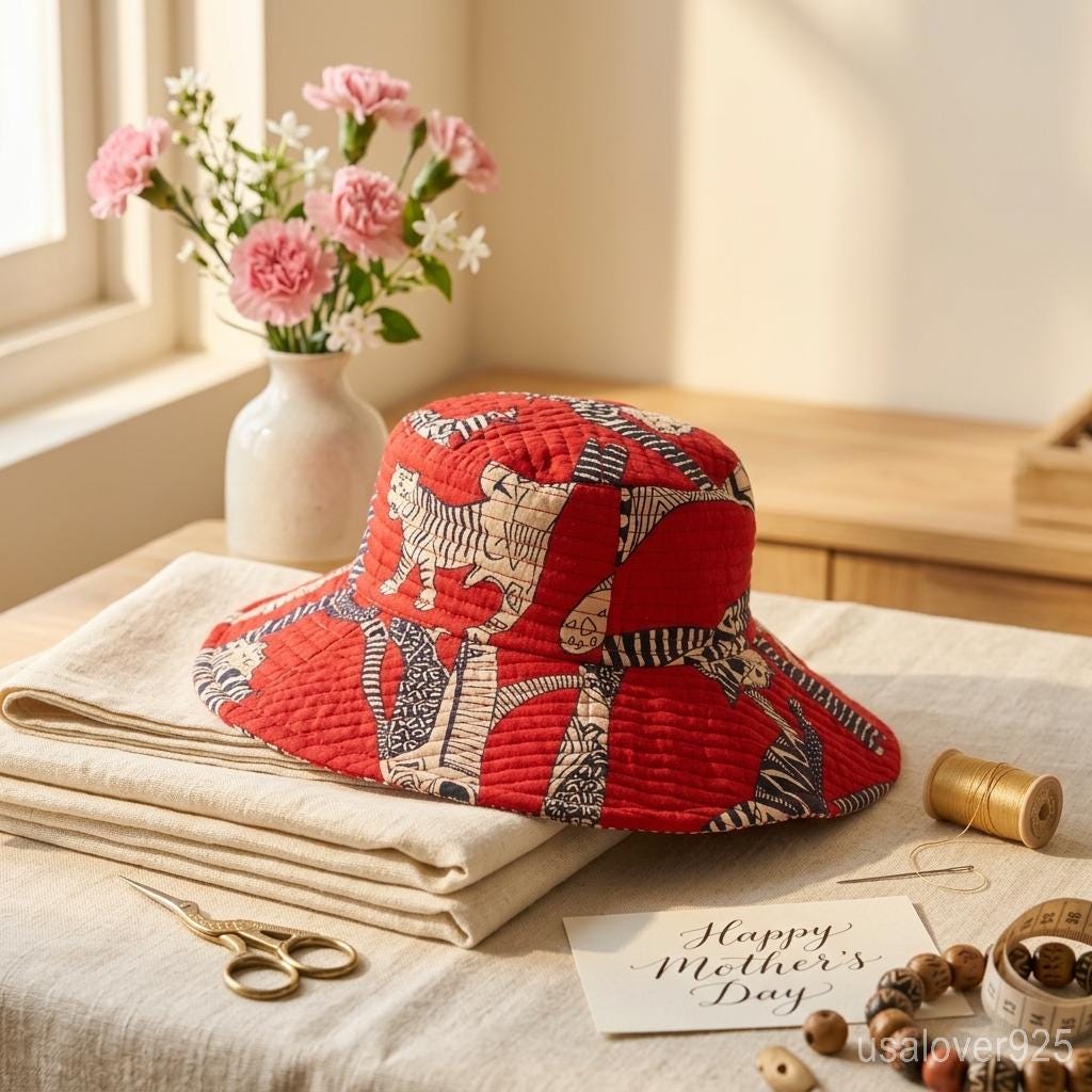 Red Block Print Quilted Cotton Bucket Hat, Reversible Handmade Boho Summer Sun Cap