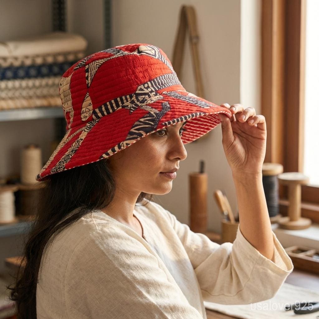 Red Block Print Quilted Cotton Bucket Hat, Reversible Handmade Boho Summer Sun Cap