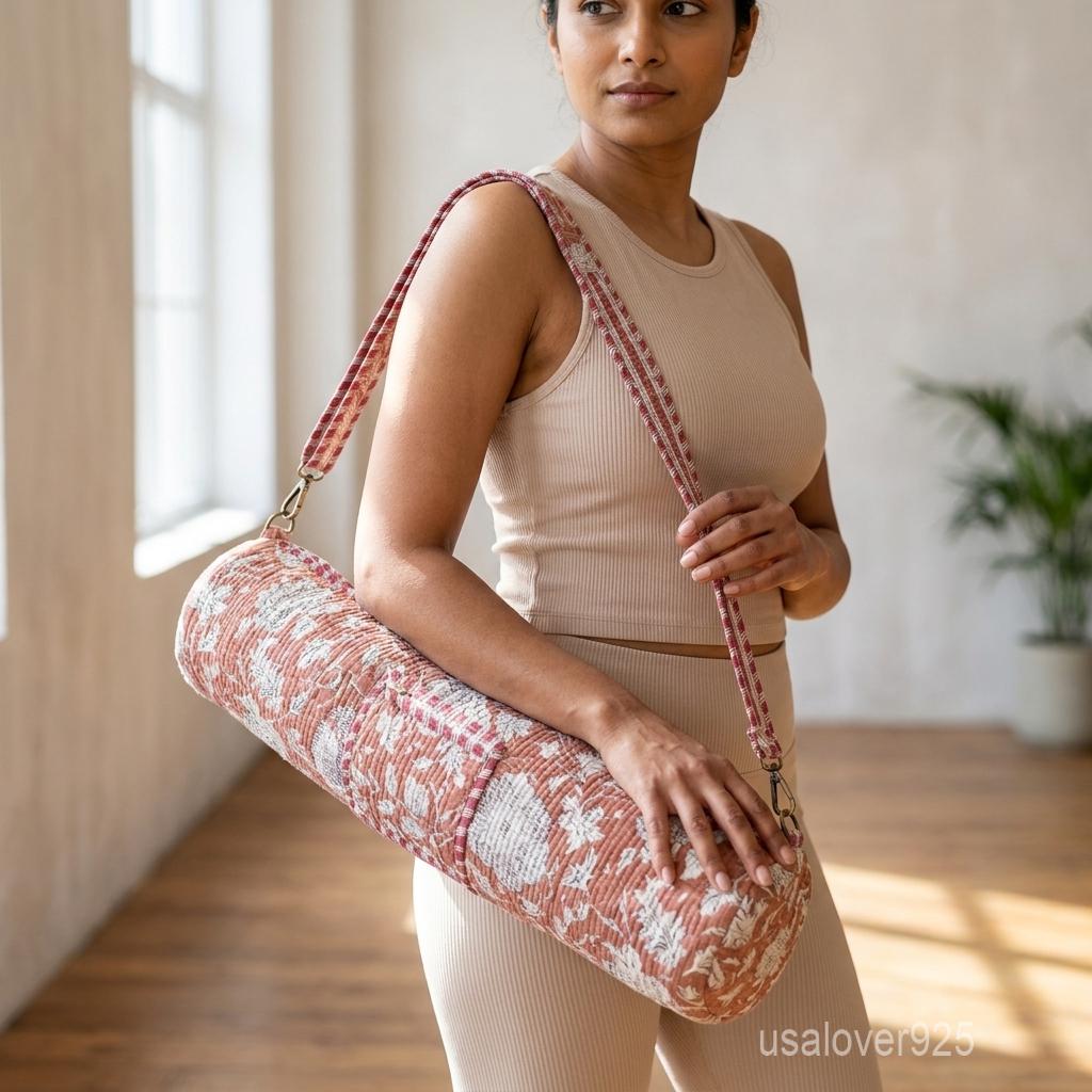 Floral Quilted Yoga Mat Bag, Handmade Cotton Boho Yoga Carrier with Pocket