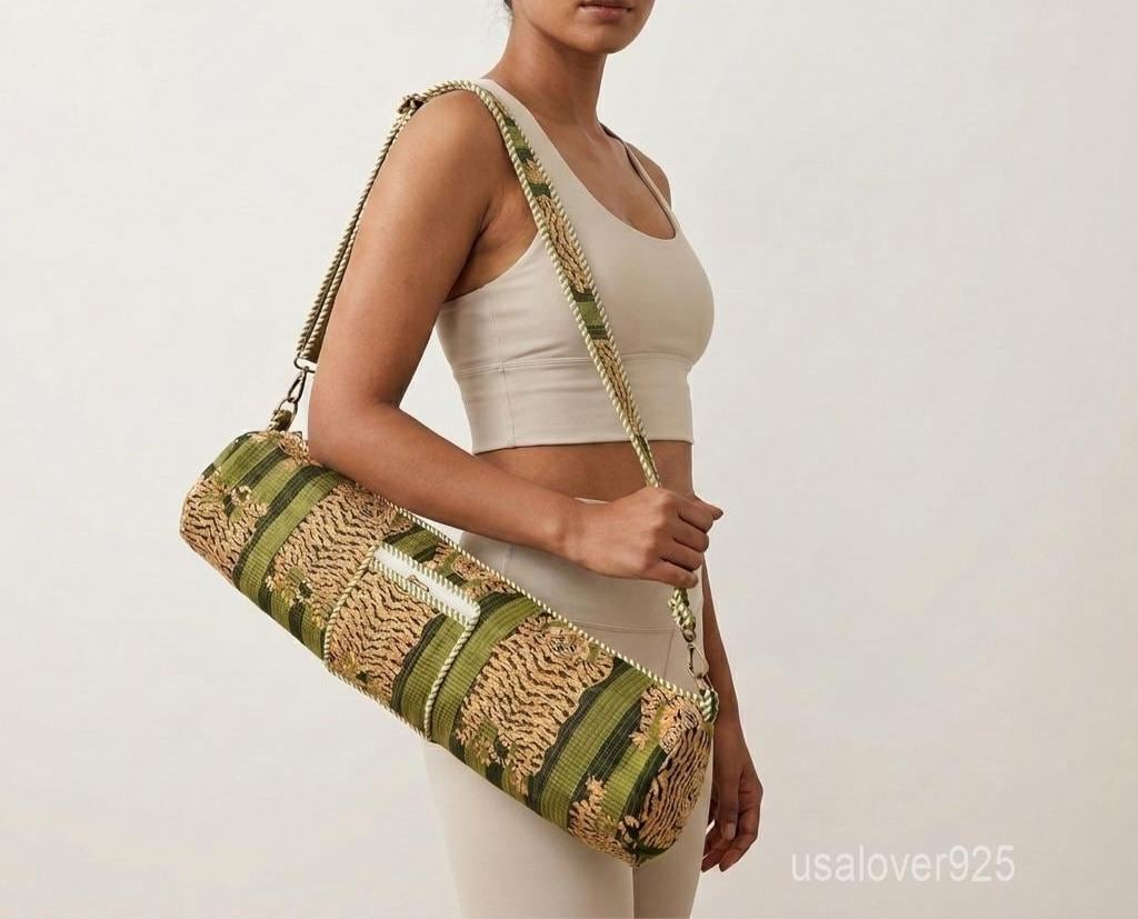 Tiger Print Quilted Cotton Yoga Mat Bag, Handmade Boho Adjustable Sling Carrier