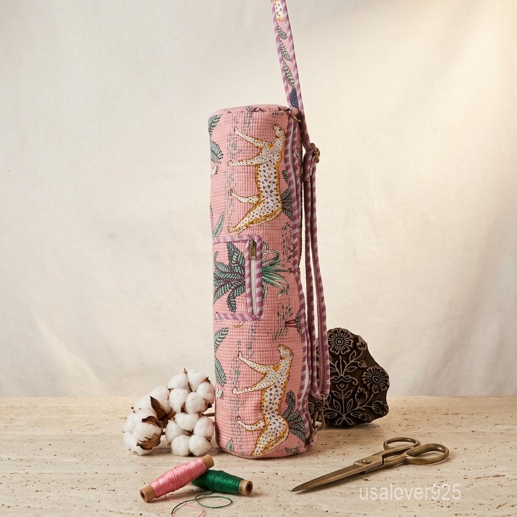 Pink Quilted Cotton Yoga Mat Bag with Block Print Horse Design and Strap