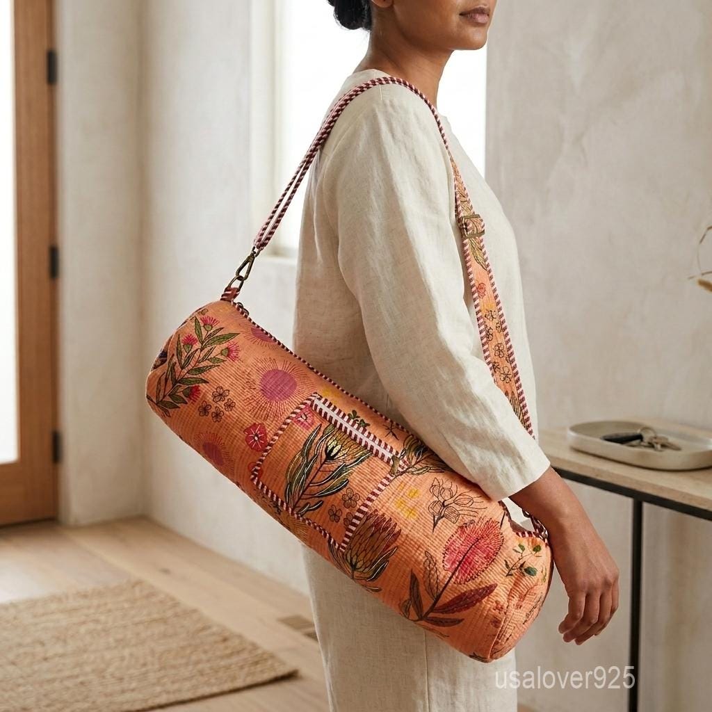 Floral Cotton Yoga Mat Bag with Adjustable Strap and Secure Zipper Closure