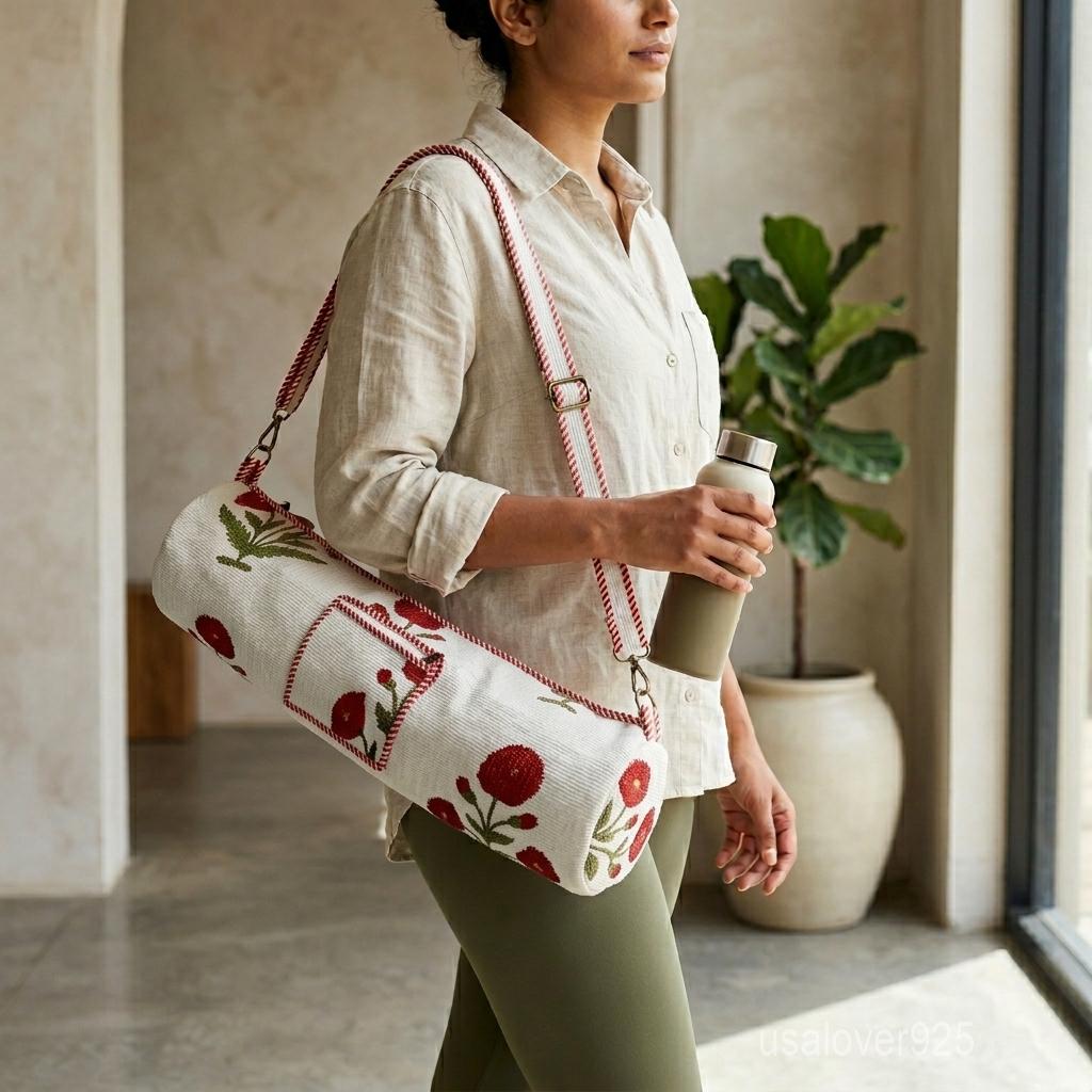 Red Floral Block Print Quilted Cotton Yoga Mat Bag with Adjustable Strap and Pocket