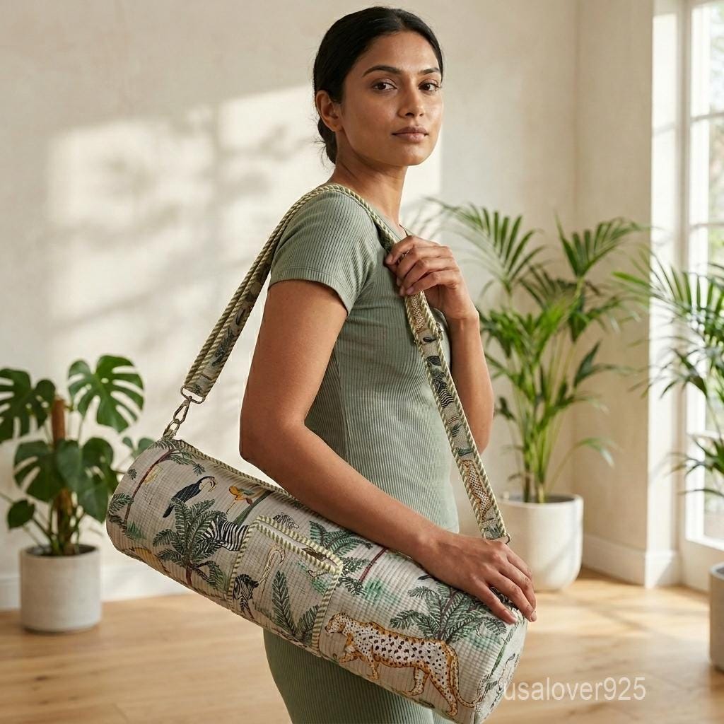 Quilted Cotton Yoga Mat Carrier, Wild Cat Print Sling, Gym Tote Holder
