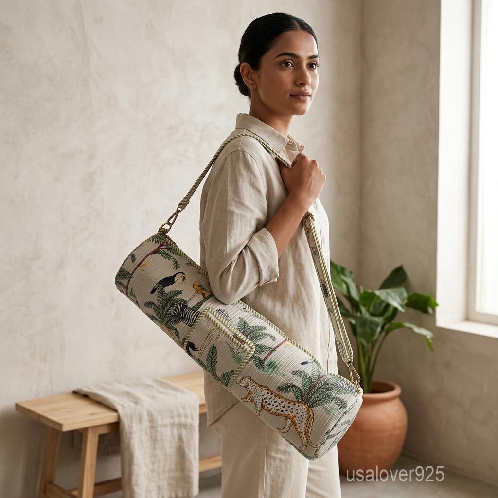 Quilted Cotton Yoga Mat Carrier, Wild Cat Print Sling, Gym Tote Holder