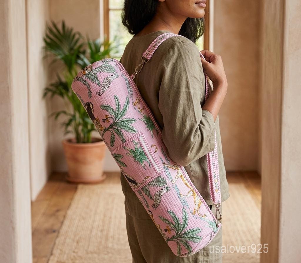 Pink Floral Quilted Cotton Yoga Mat Bag with Adjustable Strap and Front Pocket