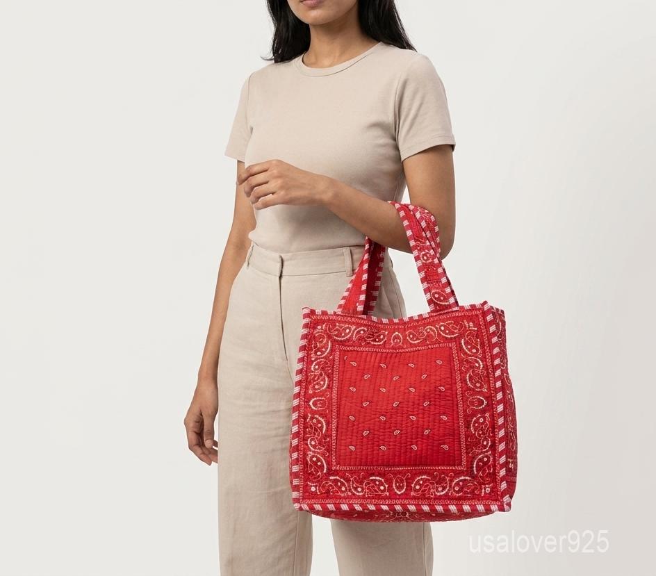Red Bandana Quilted Tote Bag with Paisley Print and Double Handle Shoulder Straps