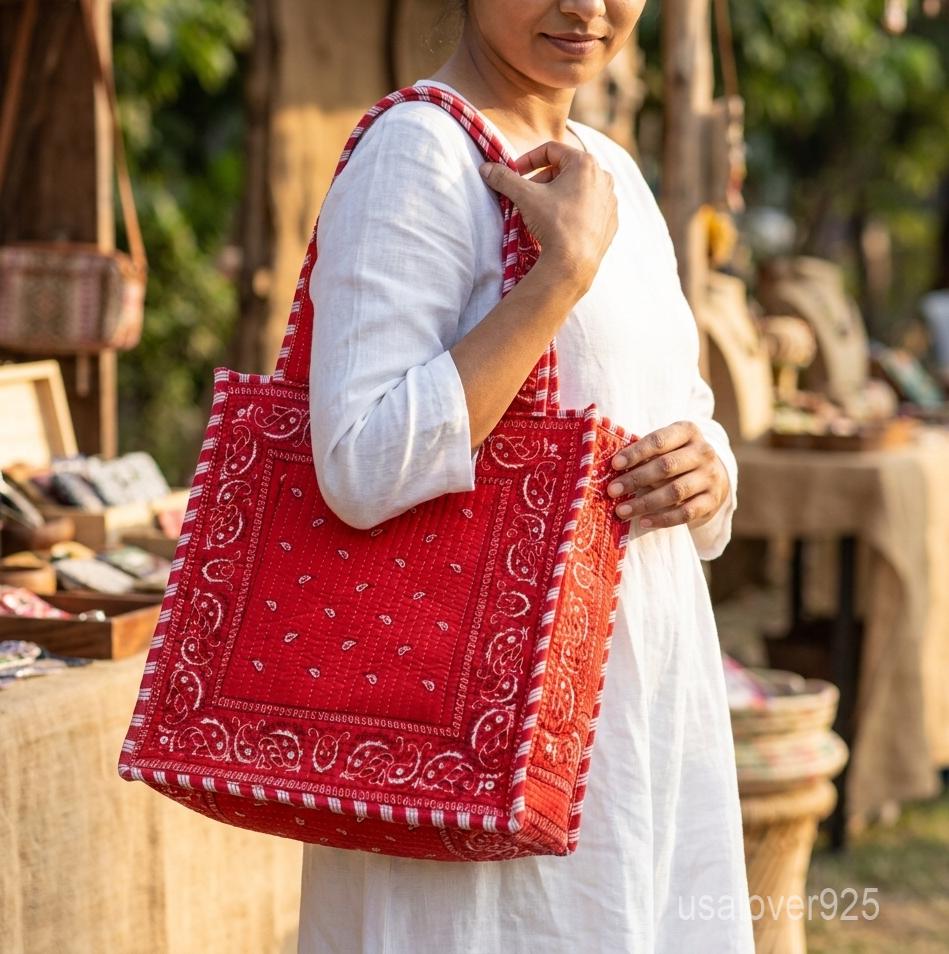 Red Bandana Quilted Tote Bag with Paisley Print and Double Handle Shoulder Straps