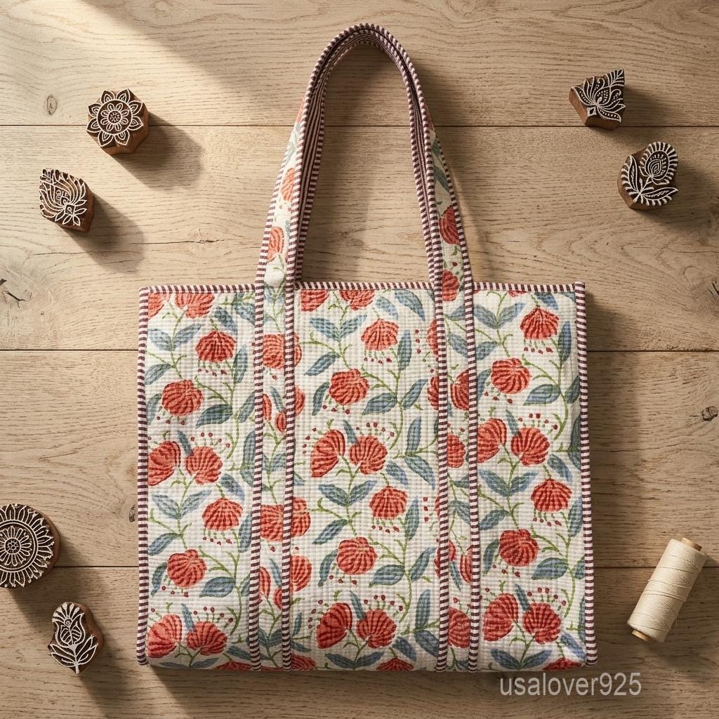 Blue Floral Block Print Quilted Indian Cotton Tote Bag with Large Shoulder Straps