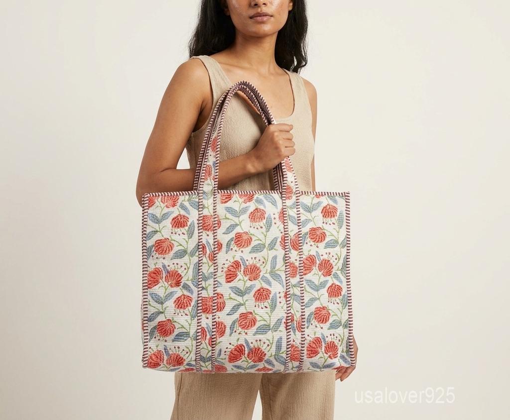 Blue Floral Block Print Quilted Indian Cotton Tote Bag with Large Shoulder Straps